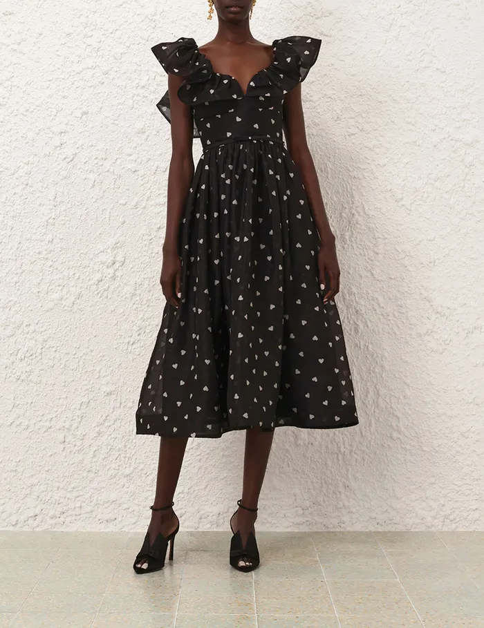 Women Zimmermann Clothing Crush Frilled Midi Dress Black Hearts