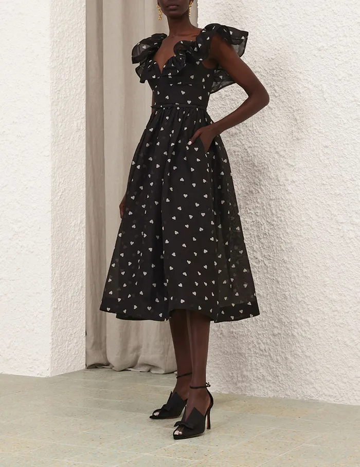 Women Zimmermann Clothing Crush Frilled Midi Dress Black Hearts