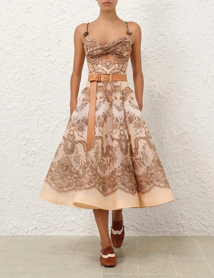 Women Zimmermann Clothing Crush Twist Front Midi Dress Peach Lace Print