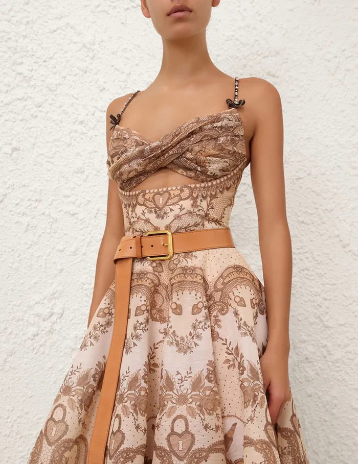 Women Zimmermann Clothing Crush Twist Front Midi Dress Peach Lace Print