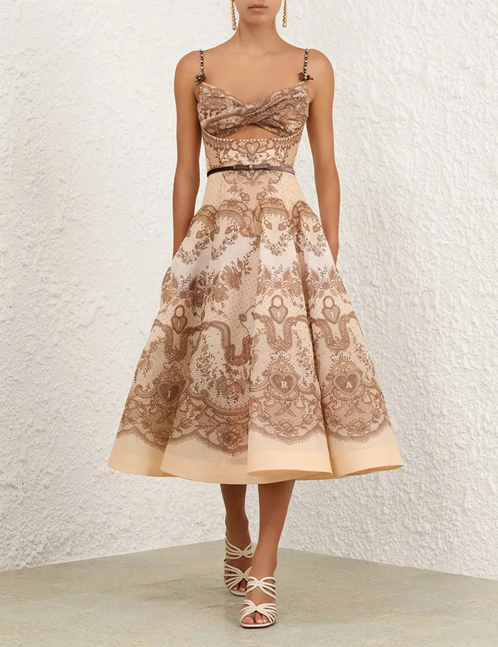 Women Zimmermann Clothing Crush Twist Front Midi Dress Peach Lace Print
