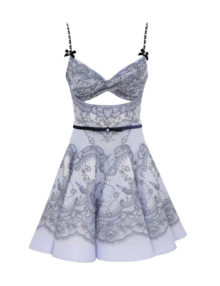 Women Zimmermann Clothing Crush Twist Front Mini Dress Blue Lace Print