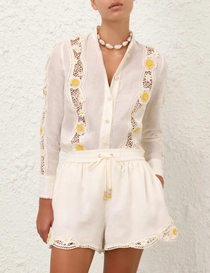 Women Zimmermann Clothing Everley Flower Trim Shirt Ivory