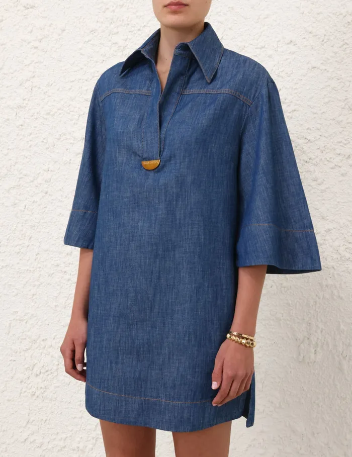 Women Zimmermann Clothing Illustration Denim Tunic Dress Railway Blue
