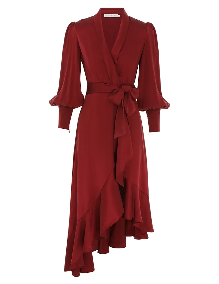 Women Zimmermann Clothing Silk Wrap Midi Dress Burgundy