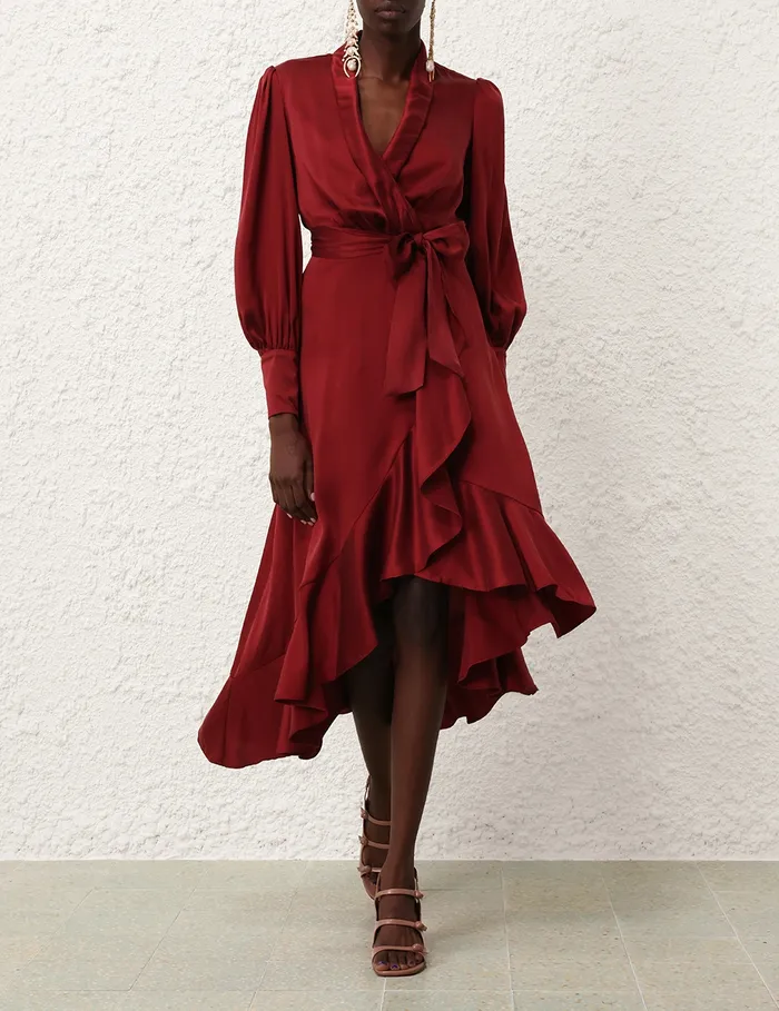 Women Zimmermann Clothing Silk Wrap Midi Dress Burgundy