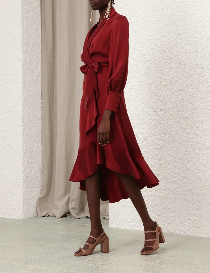 Women Zimmermann Clothing Silk Wrap Midi Dress Burgundy