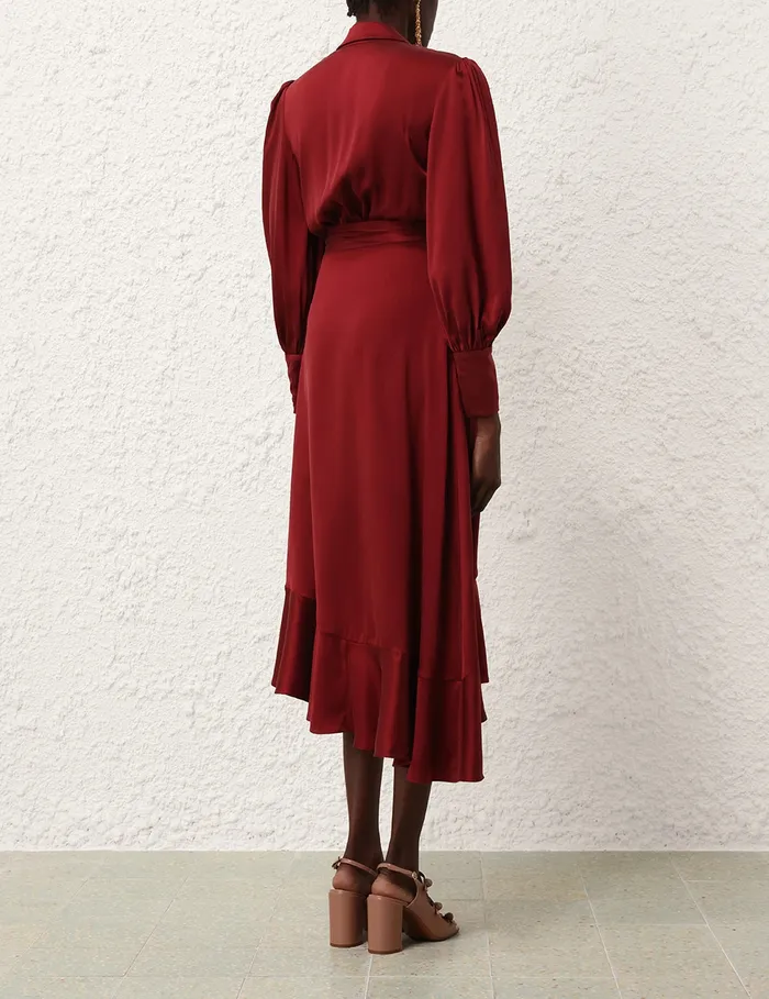 Women Zimmermann Clothing Silk Wrap Midi Dress Burgundy