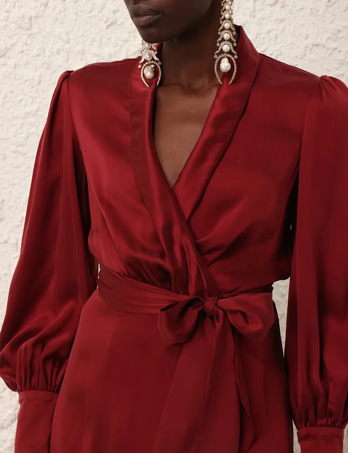Women Zimmermann Clothing Silk Wrap Midi Dress Burgundy