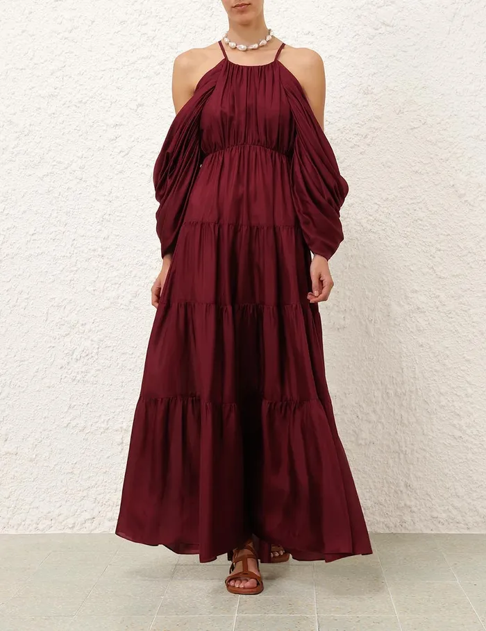Women Zimmermann Clothing Tallow Gathered Maxi Dress Burgundy