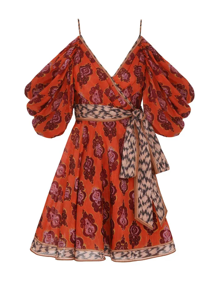 Women Zimmermann Clothing Wylie Wrap Mini Dress Sunset Ikat