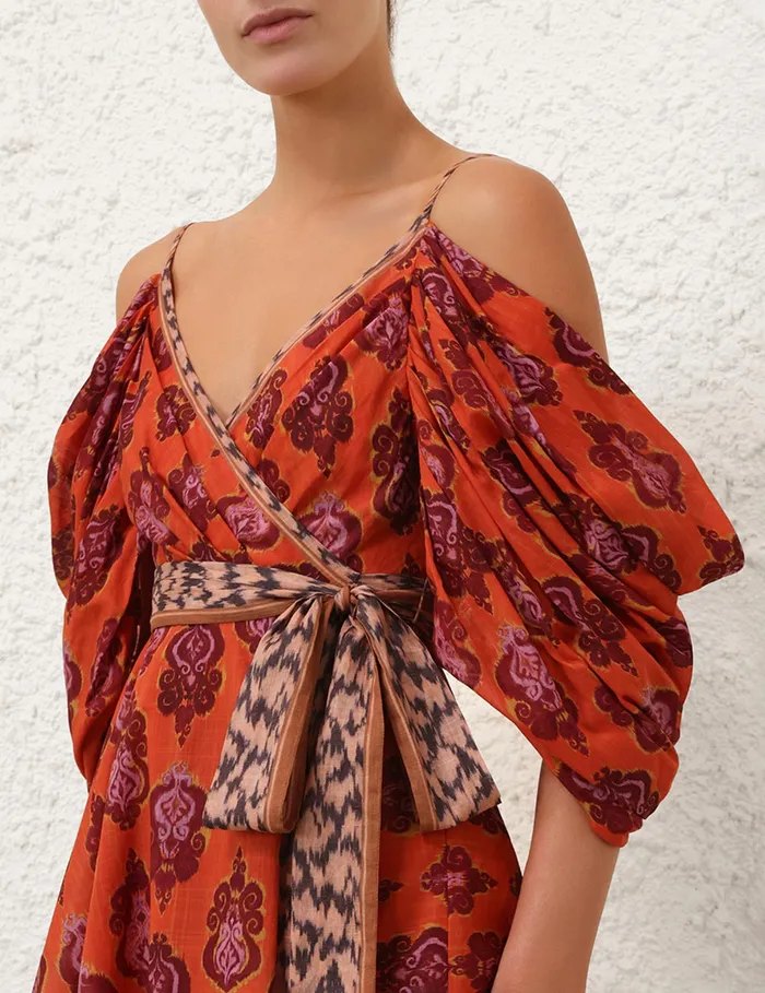 Women Zimmermann Clothing Wylie Wrap Mini Dress Sunset Ikat