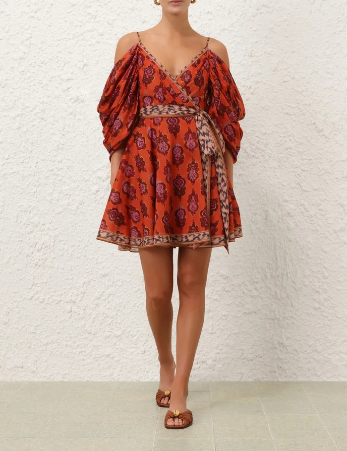 Women Zimmermann Clothing Wylie Wrap Mini Dress Sunset Ikat