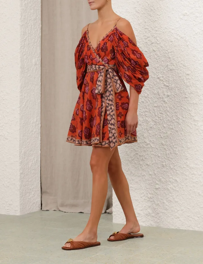 Women Zimmermann Clothing Wylie Wrap Mini Dress Sunset Ikat