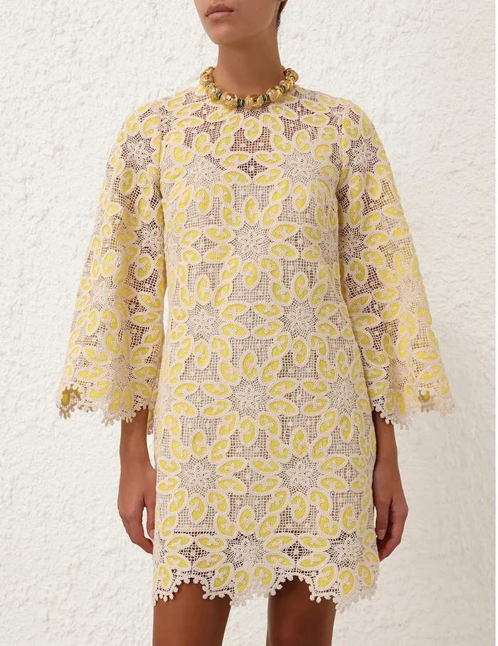 Women Zimmermann Dresses and Coverups Golden Lace Mini Dress Creamyellow