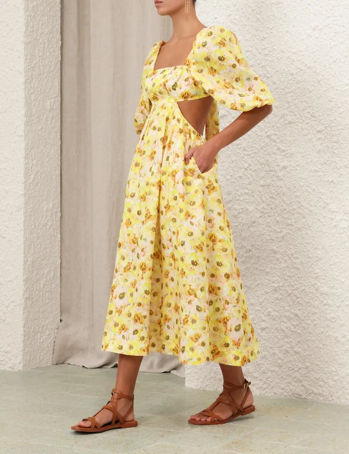 Women Zimmermann Dresses and Coverups Lightburst Cut Out Midi Dress Yellow Floral