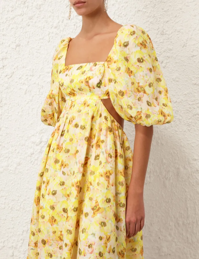 Women Zimmermann Dresses and Coverups Lightburst Cut Out Midi Dress Yellow Floral