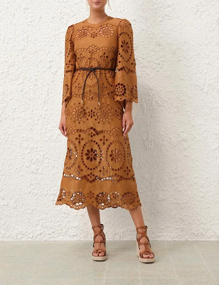 Women Zimmermann Dresses and Coverups Pop Embroidered Midi Dress Tan