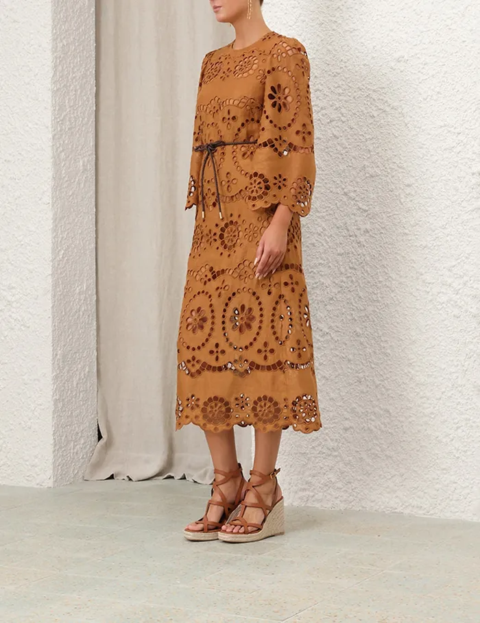Women Zimmermann Dresses and Coverups Pop Embroidered Midi Dress Tan