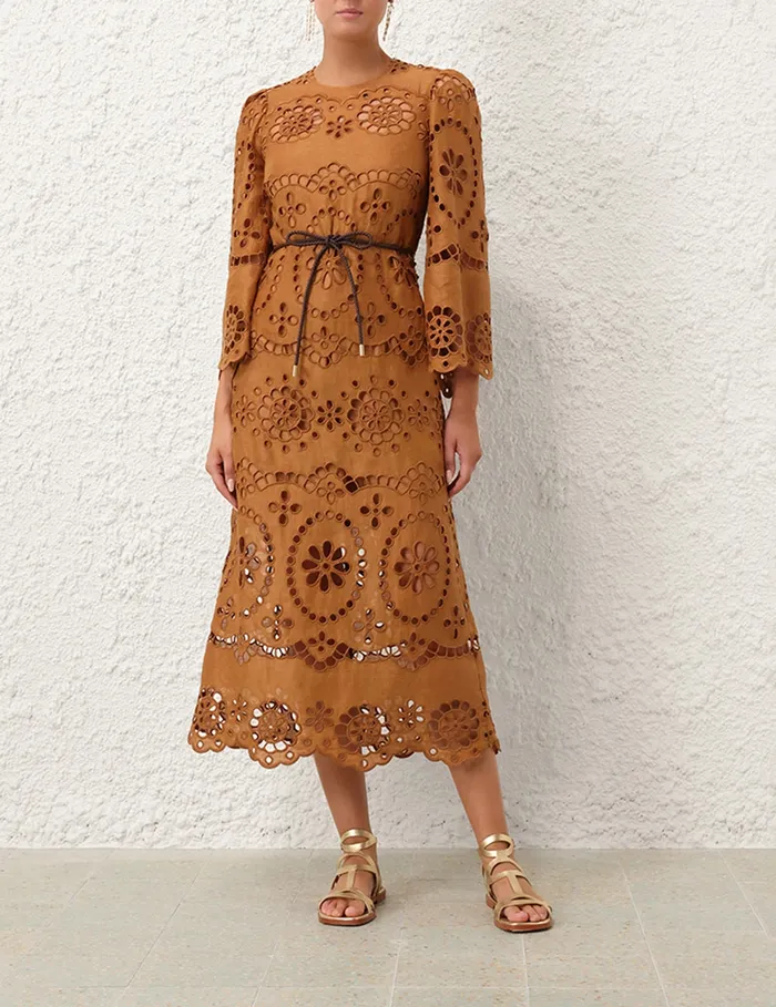 Women Zimmermann Dresses and Coverups Pop Embroidered Midi Dress Tan