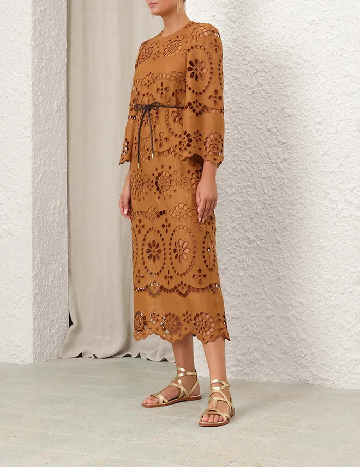 Women Zimmermann Dresses and Coverups Pop Embroidered Midi Dress Tan