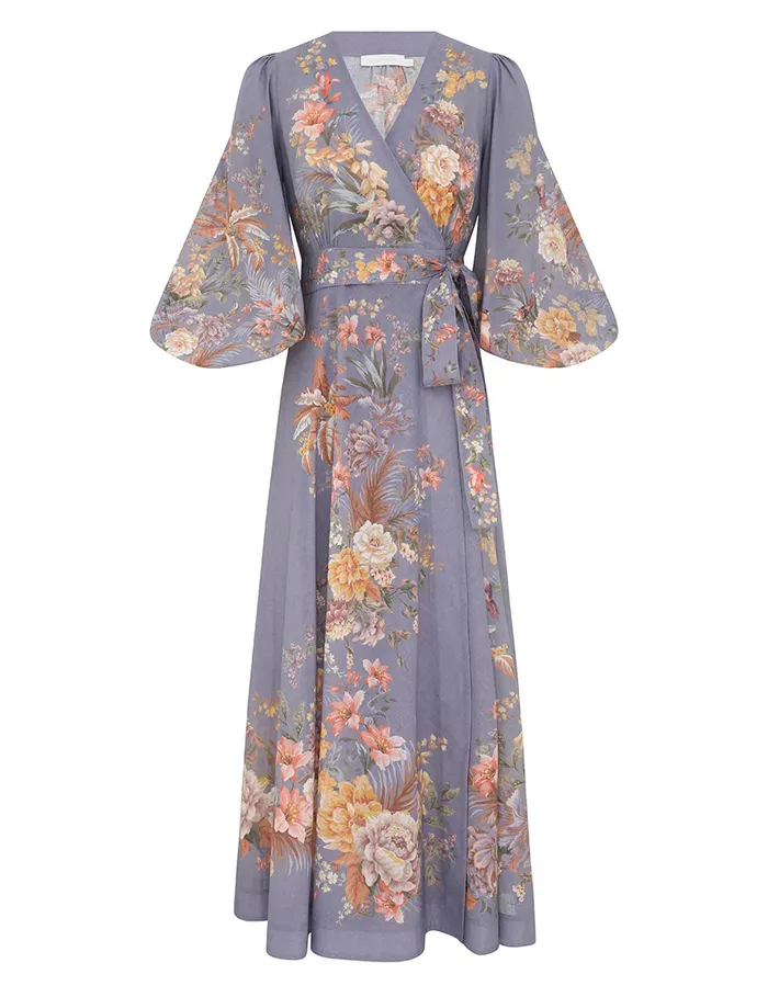 Women Zimmermann Dresses and Coverups Tallow Wrap Midi Dress Teal Multi Floral