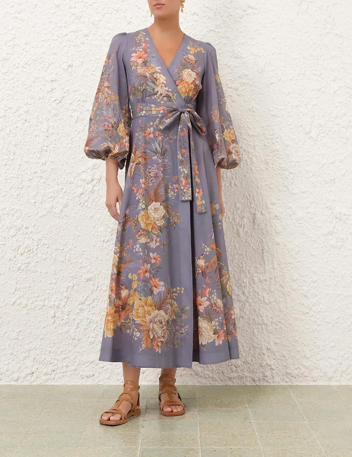 Women Zimmermann Dresses and Coverups Tallow Wrap Midi Dress Teal Multi Floral