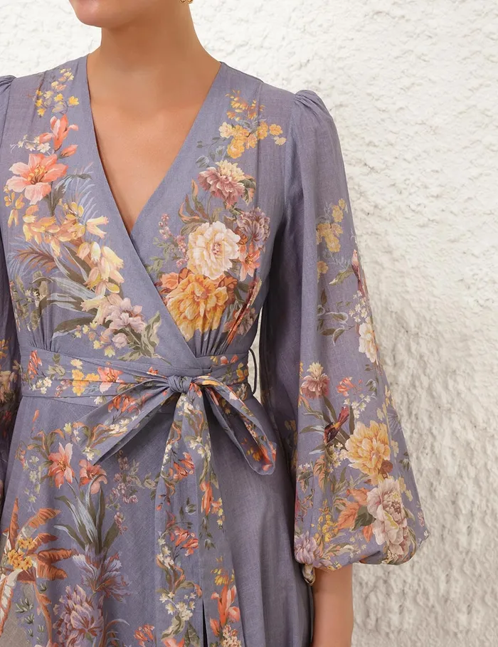 Women Zimmermann Dresses and Coverups Tallow Wrap Midi Dress Teal Multi Floral