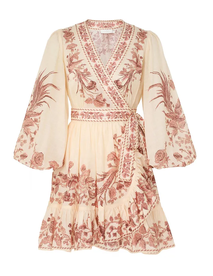 Women Zimmermann Dresses and Coverups Waverly Wrap Mini Dress Creampink Bird