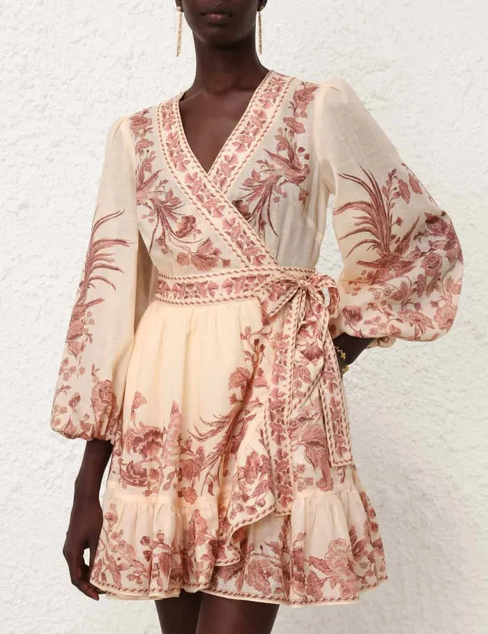 Women Zimmermann Dresses and Coverups Waverly Wrap Mini Dress Creampink Bird