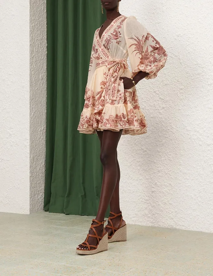 Women Zimmermann Dresses and Coverups Waverly Wrap Mini Dress Creampink Bird
