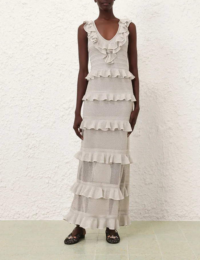 Women Zimmermann Dresses Crush Frilled VNeck Midi Silver