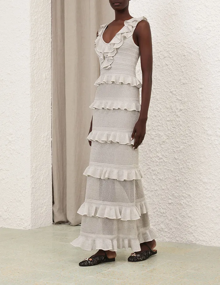 Women Zimmermann Dresses Crush Frilled VNeck Midi Silver