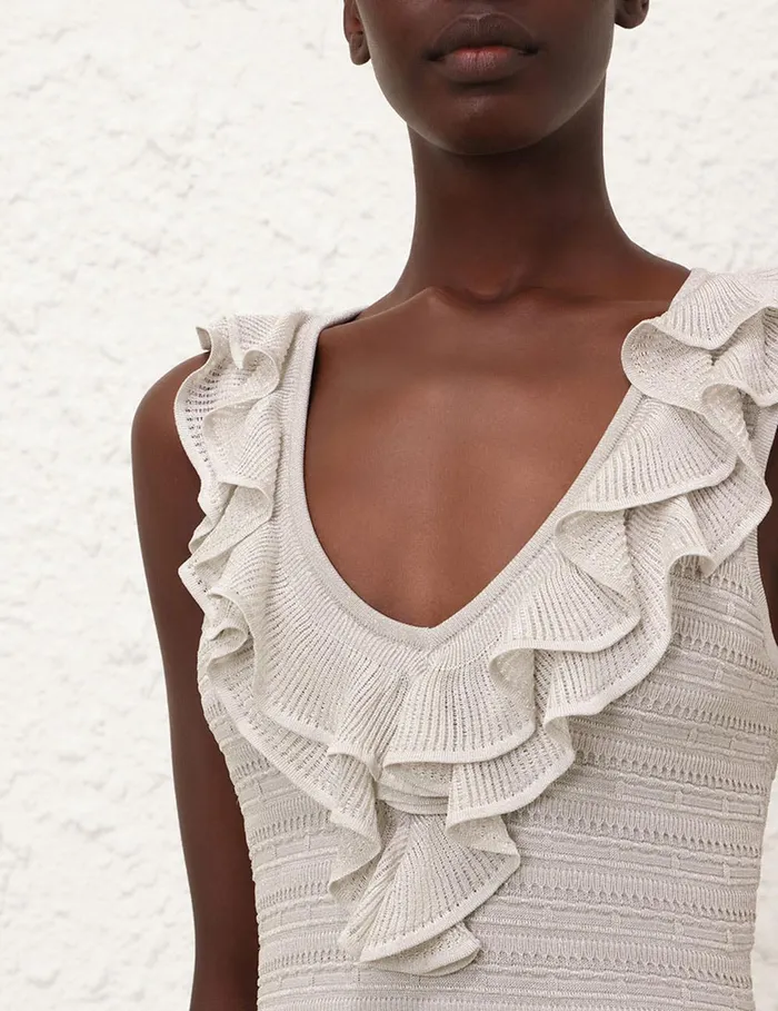 Women Zimmermann Dresses Crush Frilled VNeck Midi Silver