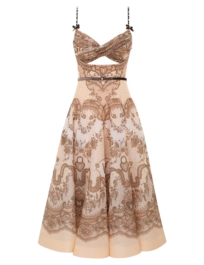 Women Zimmermann Dresses Crush Twist Front Midi Dress Peach Lace Print