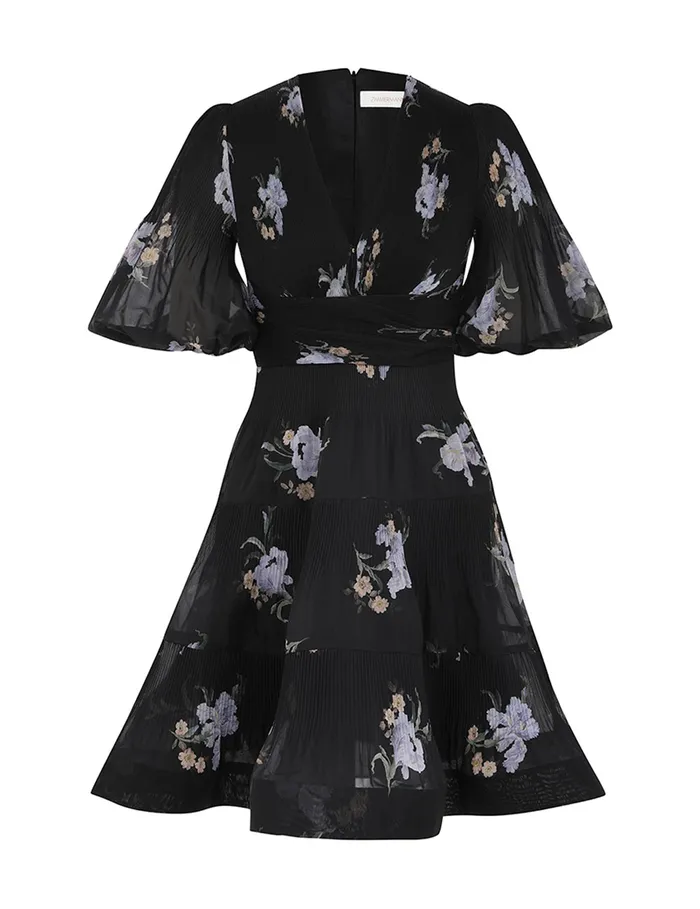Women Zimmermann Dresses Pleated Mini Dress Black Iris Floral