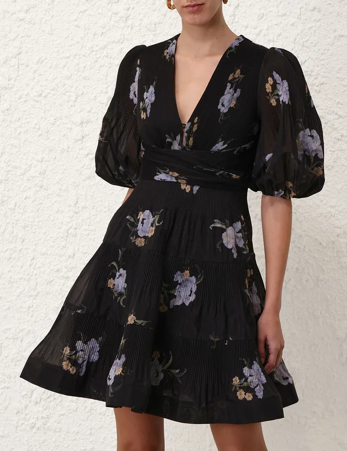Women Zimmermann Dresses Pleated Mini Dress Black Iris Floral