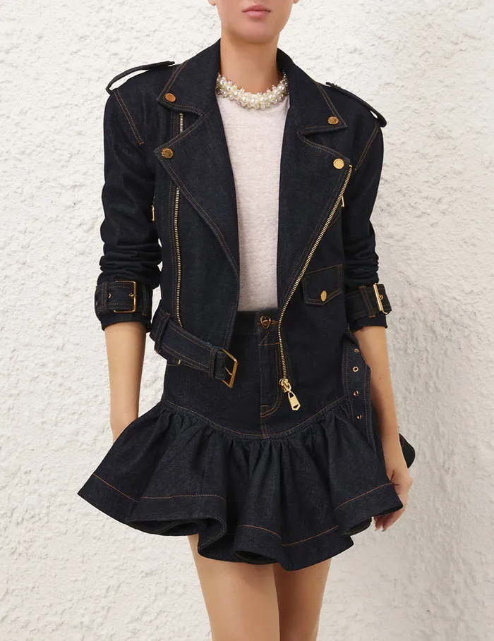 Women Zimmermann Jackets and Coats Crush Denim Biker Jacket Night Sky