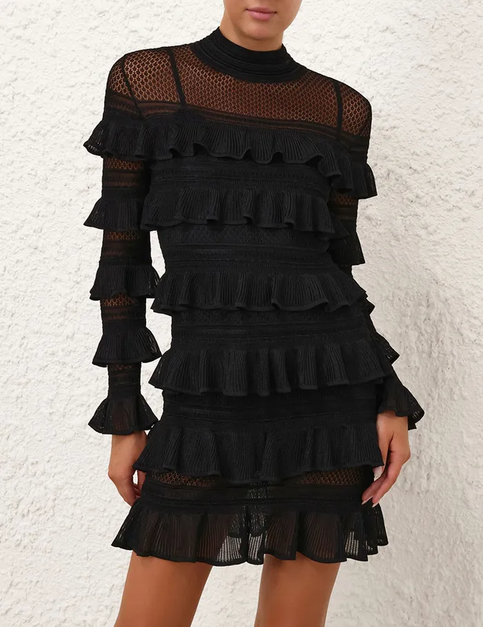 Women Zimmermann Knitwear Crush High Neck Frilled Mini Black