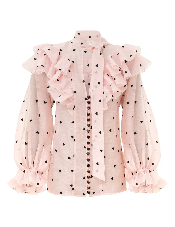 Women Zimmermann Tops Crush Embroidered Blouse Pink Hearts