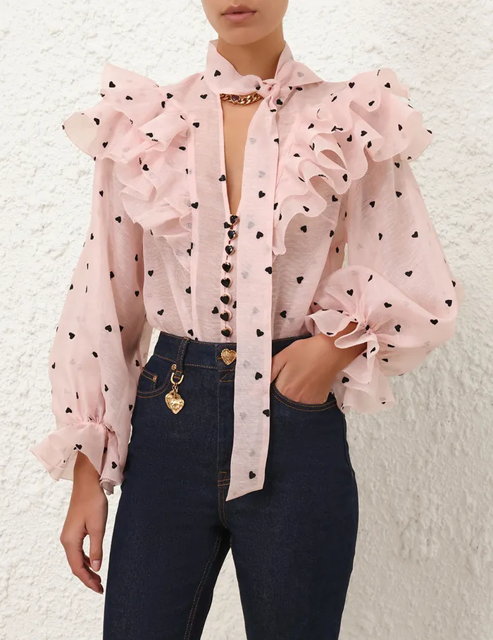 Women Zimmermann Tops Crush Embroidered Blouse Pink Hearts