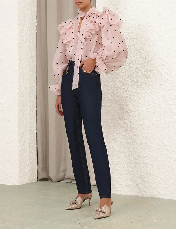 Women Zimmermann Tops Crush Embroidered Blouse Pink Hearts