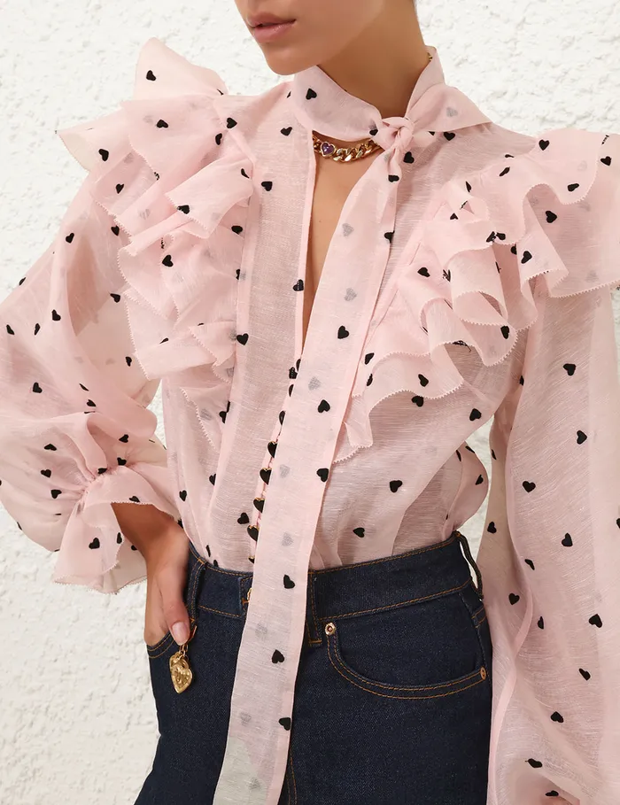 Women Zimmermann Tops Crush Embroidered Blouse Pink Hearts
