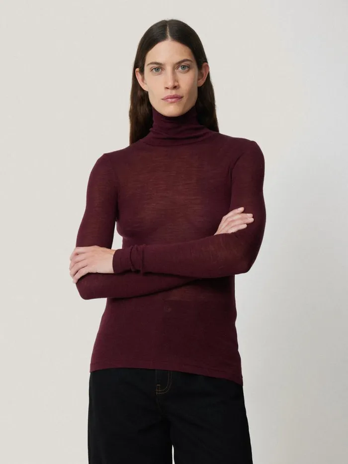 Wool Jersey Polo Neck Top Burgundy Women Jigsaw Shirts and Tops