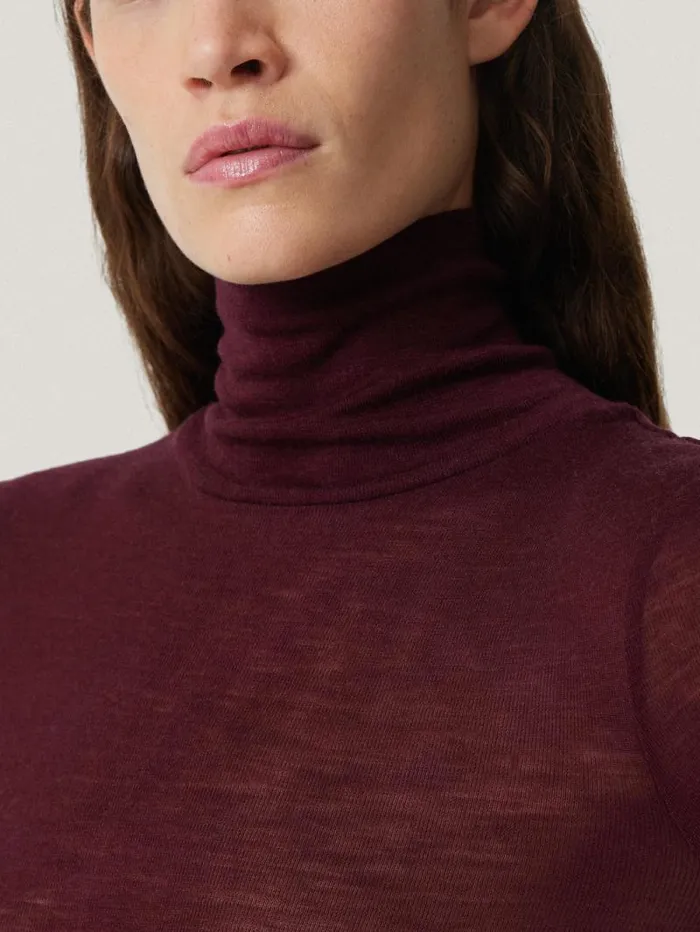 Wool Jersey Polo Neck Top Burgundy Women Jigsaw Shirts and Tops
