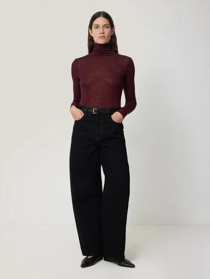 Wool Jersey Polo Neck Top Burgundy Women Jigsaw Shirts and Tops
