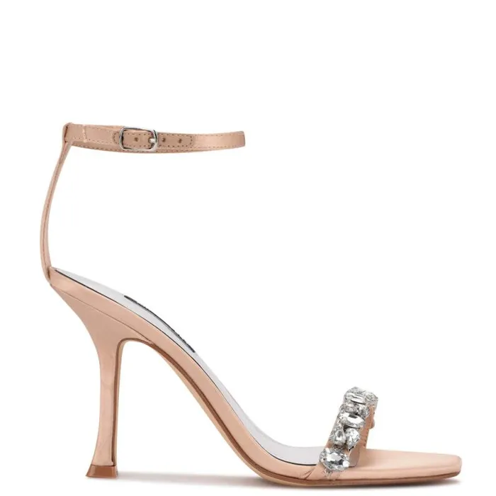 Yazmin Ankle Strap Dress Sandals Natural Satin Crystal Women Nine West Heels