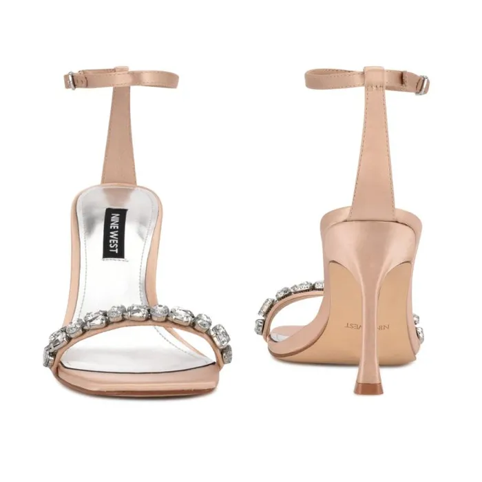 Yazmin Ankle Strap Dress Sandals Natural Satin Crystal Women Nine West Heels