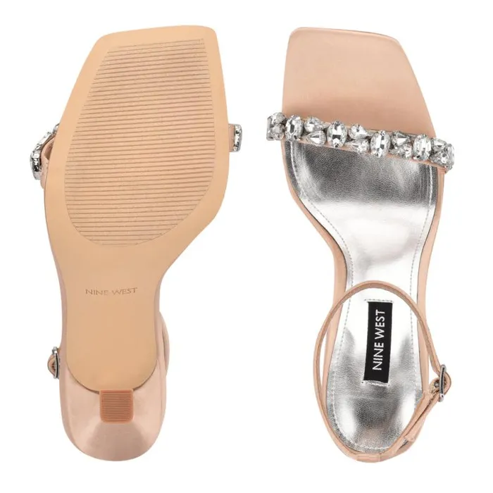 Yazmin Ankle Strap Dress Sandals Natural Satin Crystal Women Nine West Heels